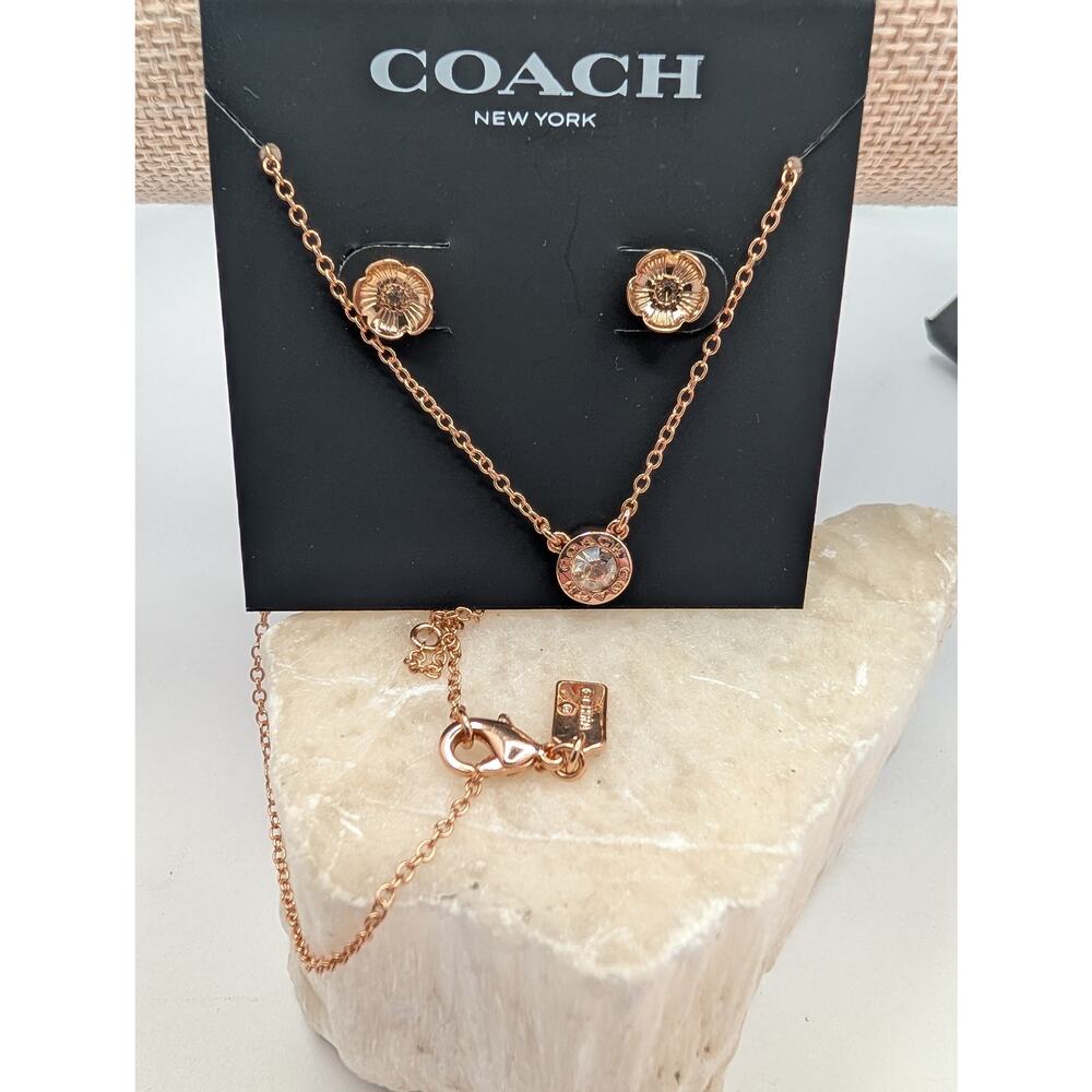COACH New York Rose Gold Tone Flower & Crystal Necklace Earrings Jewelry Set